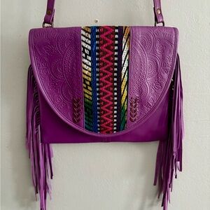 Purple Fringe bohemian tribal leather and embroidered crossbody Bag NWT